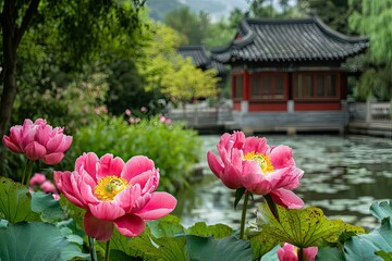 Obraz premium Pink Lotus Flowers Blooming in a Garden Pond Near a Traditional Chinese Pavilion