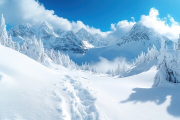 Snowy mountain landscape with footprints in winter scenery.