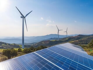 vibrant summer scene featuring solar panels and wind turbines against a clear blue sky, illustrating the harmony of renewable energy sources in an idyllic landscape setting