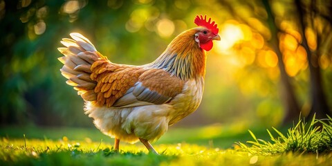 Fototapeta premium Columbia Buff Brahma Hen Walking Outdoors in Weert, Netherlands - Vibrant Food Photography