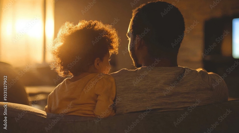 Poster a man and a child are sitting on a couch, with the man looking at the child