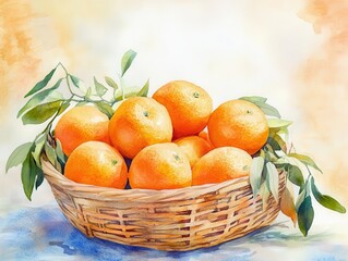 vibrant watercolor illustration of juicy oranges nestled in a woven basket, radiating freshness and inviting warmth against an isolated, soft background
