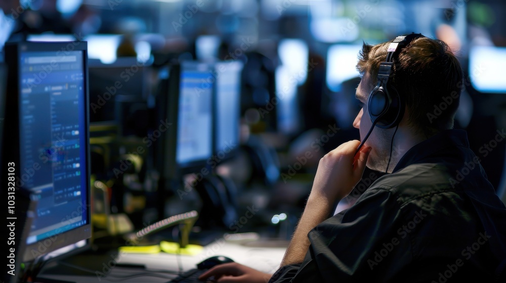 Poster Busy office worker in a call center wearing a headset while managing multiple computer screens during a hectic shift