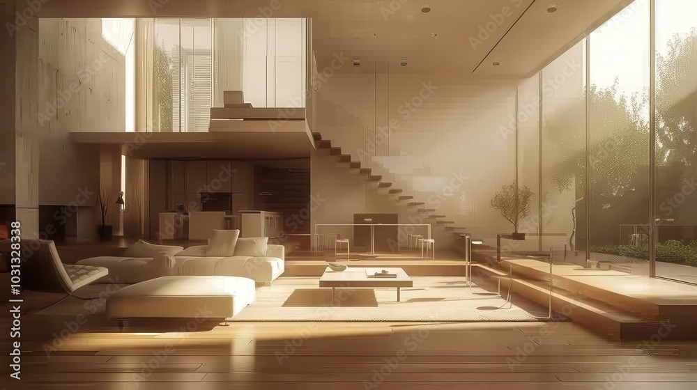 Poster a large open living room with a staircase leading up to a second floor. the room is filled with whit