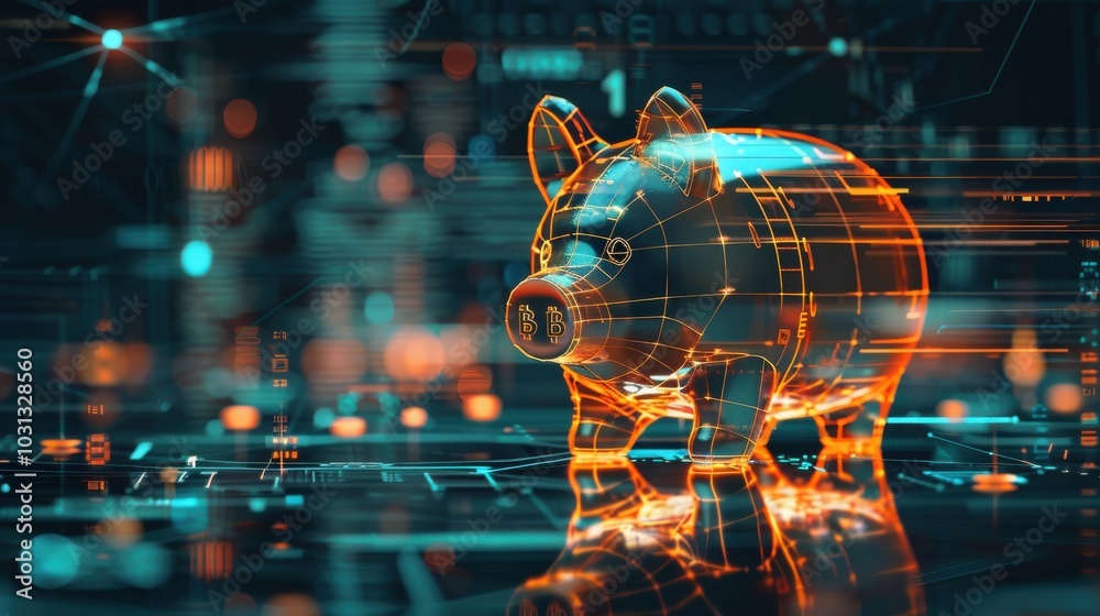 Poster stylish minimalist drawing of a futuristic savings piggy bank surrounded by digital coins and clean 