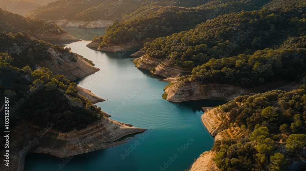 Poster Serene River Winding Through Scenic Valley Landscape