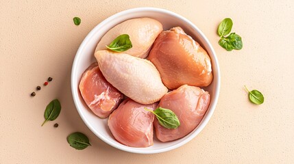 Fresh chicken breasts and thighs ready for cooking in a bowl with herbs for delicious meal preparation