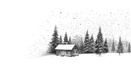 Cozy winter cabin nestled in a snowy landscape, surrounded by tall pine trees in a serene, minimalist winter retreat