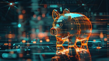 Obraz premium Stylish minimalist drawing of a futuristic savings piggy bank surrounded by digital coins and clean lines representing modern finance concepts