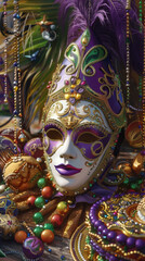 Mardi gras celebration postcard featuring intricate masks and colorful beads for festive design