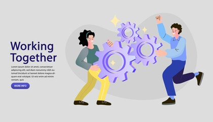 Working together and teamwork concept. A diverse team of colleagues connects giant gears, symbolizing a successful business process, system integration, partnership, collaborative workflow solution.