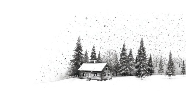 Cozy winter cabin nestled in a snowy landscape, surrounded by tall pine trees in a serene, minimalist winter retreat