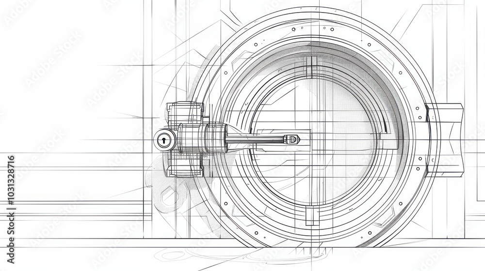 Poster a detailed line drawing of a modern vault door symbolizing the security measures essential for digit