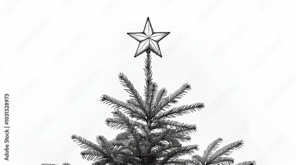 Poster a minimalistic line art representation of a christmas star adorning the top of a festive tree during