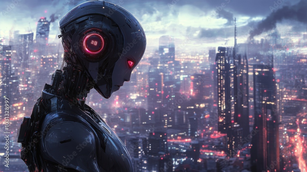 Poster a robot stands in front of a city skyline
