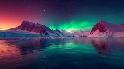 Naklejka premium Serene polar landscape illuminated by vibrant northern lights.