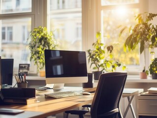 warm and inviting workplace interior featuring modern desk setups, computer monitors, and bright natural light streaming through the window, promoting productivity and comfort