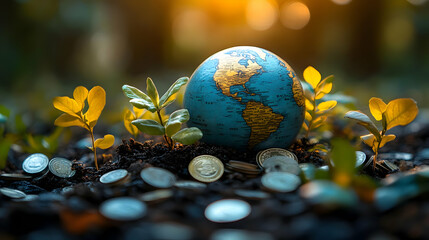 A globe surrounded by plants and coins, symbolizing sustainable growth.