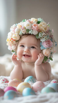 Charming baby in floral easter bonnet surrounded by colorful eggs