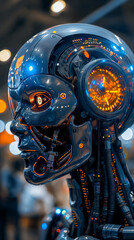 Close-up of a humanoid AI robot with intricate mechanical features and glowing lights.