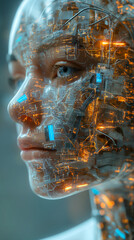 Portrait of an advanced humanoid robot showcasing complex glowing circuitry.