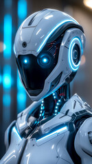 A humanoid AI robot in a futuristic setting, highlighted by glowing blue lights.