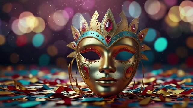 A party mask with bokeh animation background. Seamless 4K looping timelapse video animation background
