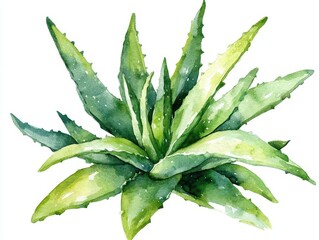 Fototapeta premium watercolor illustration of aloe vera plant isolated on white, showcasing its vibrant green leaves and textured details, perfect for health and wellness themes