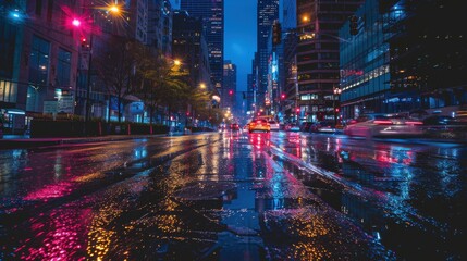 Obraz premium A city street at night with cars driving by and the street lights reflecting on the wet pavement. Scene is calm and peaceful, as the rain creates a serene atmosphere