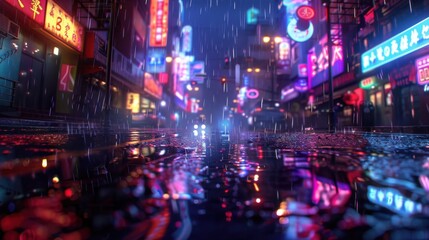 A neon city street with rain falling on it. The neon lights of the buildings are reflected in the water