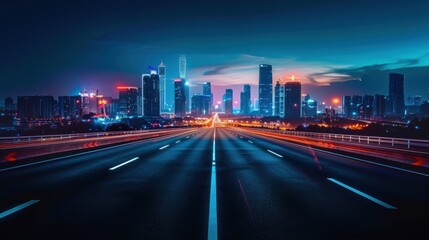 A city skyline is lit up at night, with the street below illuminated by the lights of the buildings. The scene is peaceful and serene, with the city's hustle