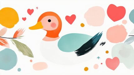 Cute duck with heart on minimalist pastel background with simple shape simple design giving impression of love and affection for children