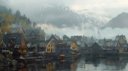 Fototapeta premium Early morning tranquility in a Scandinavian wooden town by the waterfront surrounded by misty mountains and serene waters