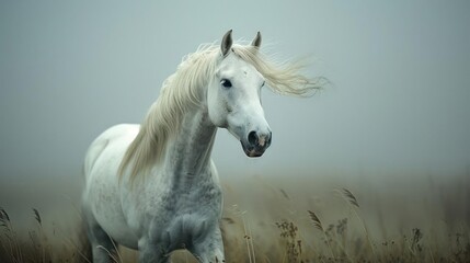 a white horse standing in a field of tall grass