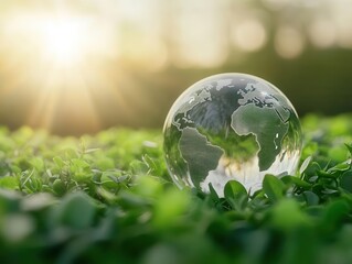 world environment concept showcasing a glass globe resting on green foliage, symbolizing eco-friendliness and sustainability, illuminated by soft, natural light to evoke a sense of care for the planet