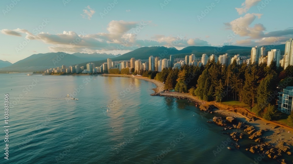 Poster the image captures a stunning view of a city and ocean, with a few boats floating in the water. the 