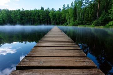 Obraz premium An old wooden pier extending into a misty lake, creating a sense of solitude