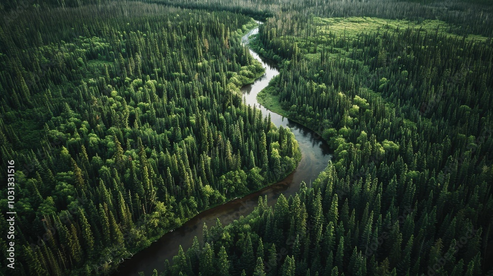 Poster a river runs through a forest with trees on both sides. the trees are tall and green, and the river 