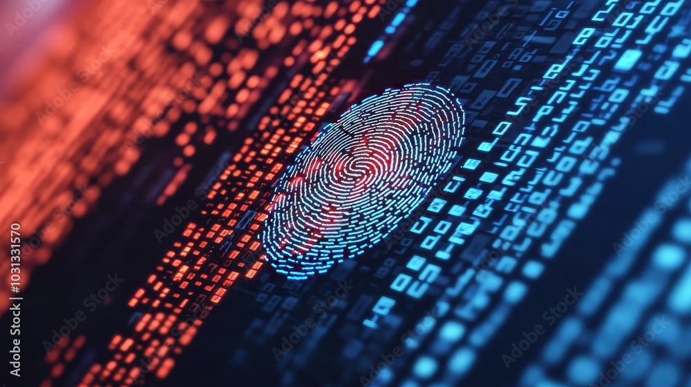 Aufkleber fingerprint hovering above a computer screen filled with code, protected by security layers, privacy