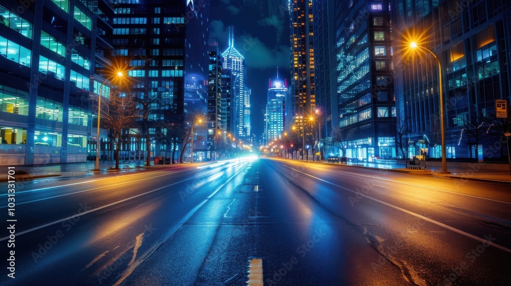 Aufkleber a city street at night with tall buildings and bright lights. the street is empty and the lights are