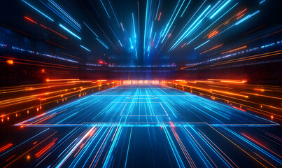 Fototapeta premium Dynamic Neon Football Action with Futuristic Geometric Patterns and Vibrant Light Trails for High-Energy Sports Advertising Backgrounds