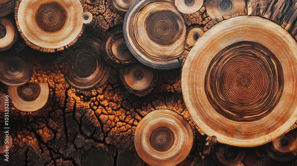 Poster a collection of large, round wooden logs, some of which are cracked and weathered. scene is rustic a