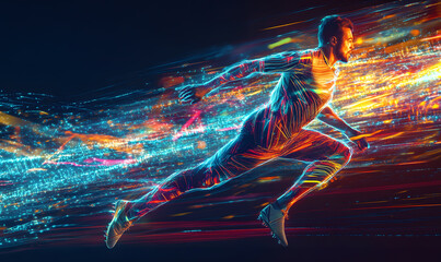 Dynamic Neon Football Action with Futuristic Geometric Patterns and Vibrant Light Trails for High-Energy Sports Advertising Backgrounds