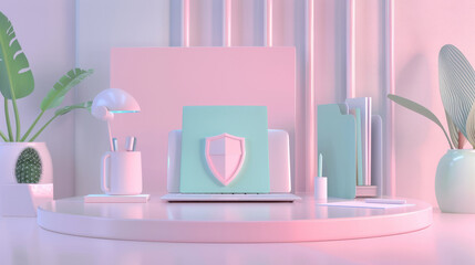 Secure data privacy day theme with shield emblem on pastel workspace for awareness campaigns