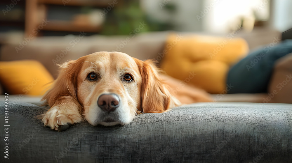 Canvas Prints A relaxed golden retriever resting on a cozy couch.