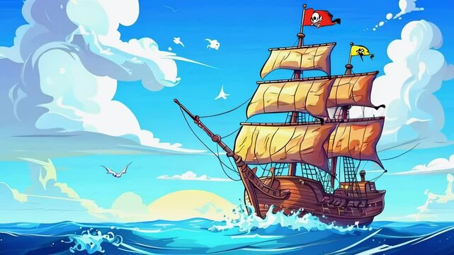 Cartoon Pirate Ship Sailing in the Ocean