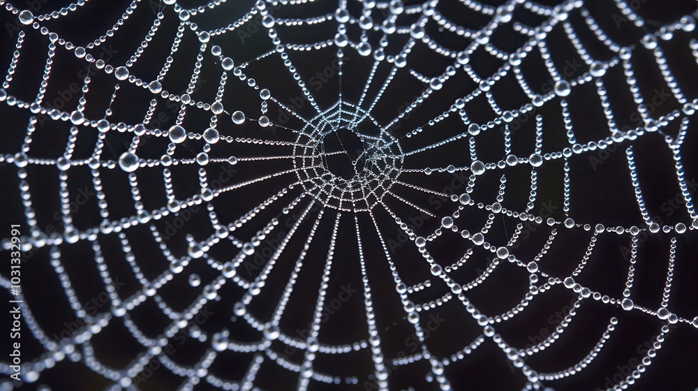 Aufkleber A spider web with many small beads of water on it. The beads of water are scattered throughout the web, creating a shimmering effect. The spider web is a beautiful and intricate design