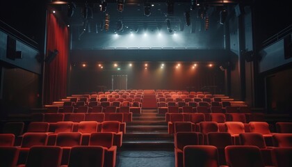 A modern theatre interior showcasing plush red seating arranged for an audience, featuring dramatic lighting. Perfect for representing arts and culture events.