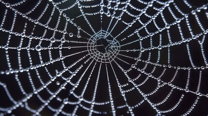 Obraz premium A spider web with many small beads of water on it. The beads of water are scattered throughout the web, creating a shimmering effect. The spider web is a beautiful and intricate design