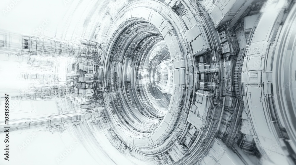 Poster a futuristic space with a large, white, circular structure
